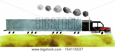 Beautiful cartoon semi truck isolated on white background. Hand drawn watercolor 