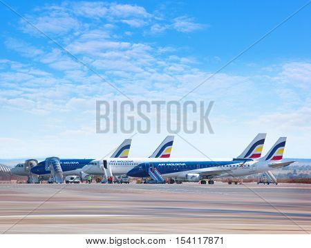 Chisinau Moldova - September 27 2016: The Air Moldova aircraft on the runway of the international airport