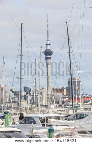 Auckland New Zealand- December 10 2013. Auckland skyline from the Westhaven Marina.