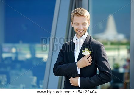 Handsome groom's portrait outdoors on summer day