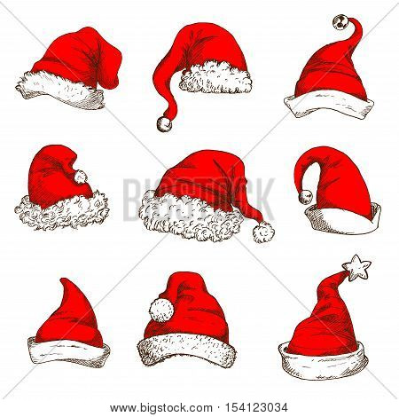 Santa Claus red hat icon set. Christmas red hat and cap of Santa and elf with white fur trim, pom-pom, jingle bell and star. Christmas and New Year design element