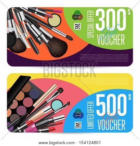 Special offer coupon or gift voucher. Cosmetic voucher layout. Fashion voucher. Cosmetics product sale voucher. Promo voucher. Design of voucher. Promo coupon or voucher. Voucher. Cosmetic voucher template vector. Gift voucher layout or discount voucher.