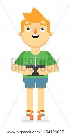 Man with holding radio remote controler vector illustration isolated on white background. Drone using with tablet or smartphone. Funny man with controler isolated. Man character vector illustration. Man with radio remote controler. Drone remote controler.