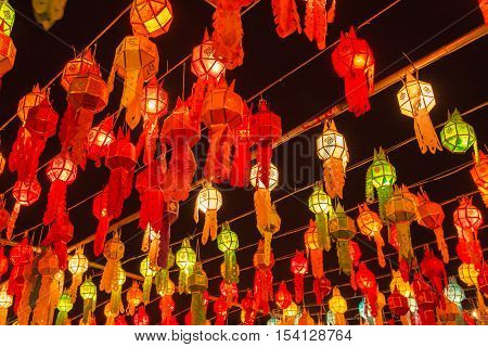 Colorful Lamp And Lantern In Loi Krathong Wat Phra That Haripunchai Lamphun Thailand