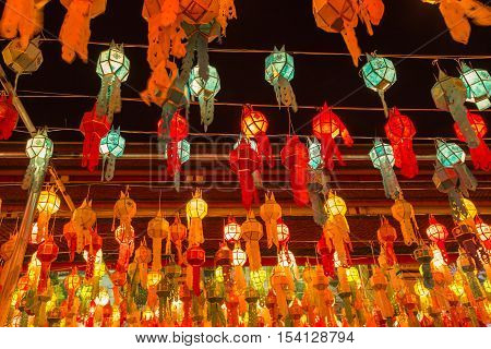Colorful Lamp And Lantern In Loi Krathong Wat Phra That Haripunchai Lamphun Thailand