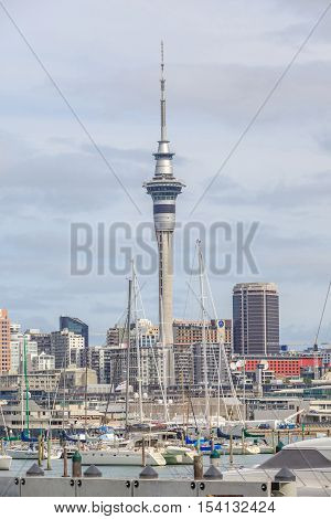 Auckland New Zealand- December 10 2013. Auckland city and sky tower view from the Westhaven Marina.