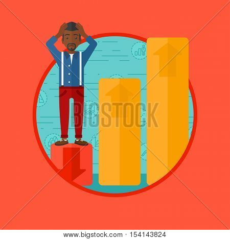 An african-american frightened bankrupt clutching his head. Bankrupt standing on chart going down. Concept of business bankruptcy. Vector flat design illustration in the circle isolated on background.