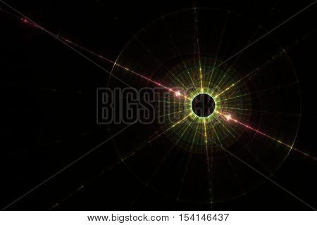 fractal abstraction black shiny disc with pink and red and green highlights and rim in red luch m piercing disc on a black background