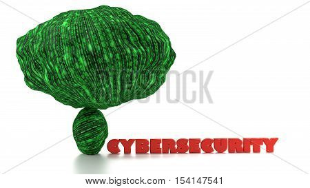 Huge rock with digital green texture on top of a small stone ready to crush the word cybersecurity in red big data concept 3D illustration