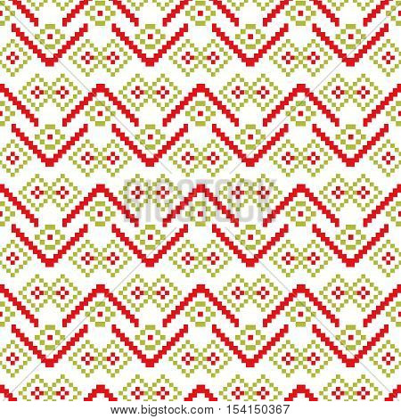 Winter seamless pixel pattern. Pastiche Scandinavian embroidery ornament. Knitted Christmas ornament.