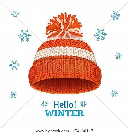 Knitted Woolen Red Hat for Winter Season Card. Vector illustration