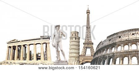 Famous monuments of the Europe - Eiffel tower in Paris, Leaning Tower of Pisa; Parthenon in Athens, Michelangelo's David. Isolated on white background