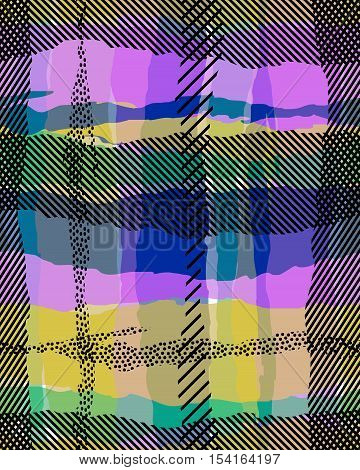 seamless colorful geo pattern. memphis trend. abstract uneven checks of block colors and textures overlapping. For interior, upholstery, active wear