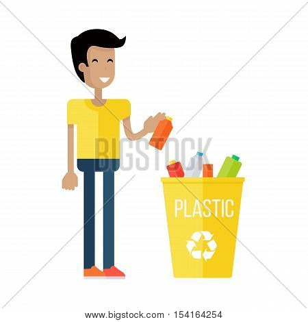 Waste recycling concept. Boy in yellow t-shirt and blue pants taking out the trash in yellow recycle garbage bin with plastic. Sorting process different types of waste. Environment protection.