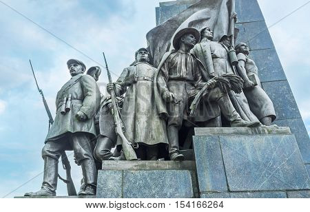 KHARKOV UKRAINE - MAY 20 2016: The statue group representing social changes after the revolutions in Soviet Union located at Taras Shevchenko Monument Kharkov  on May 20 in Kharkov.