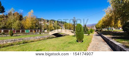 Bridge in Makedonska Kamenica town in Macedonia and autumn trees Balkan landscape