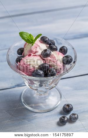 Bowl With Blueberry Ice Cream And Leaf Mint