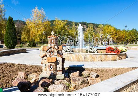 Small church in Makedonska Kamenica town, Macedonia and autumn trees