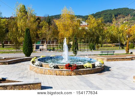 Fountain and autumn trees in Makedonska Kamenica town, Republic of Macedonia