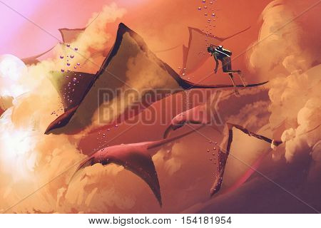 surreal world concept showing diver and manta rays flying in the cloudy sky, illustration painting