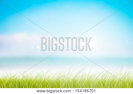 Abstract blurred on vacation summer ocean beach background . Blue water and sky bright. ocean beach with green grass.