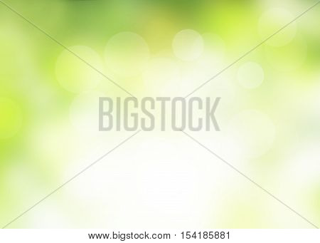 Blur circle bokeh green leaf background. Blurry yellow leaves rays light flare nature backdrop. Abstract blurred scene for web advertising. Soft focus foliage during summer with sunbeam.