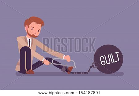 Businessman chained with a giant metall weight with a title Guilt trying to escape, sawing. Cartoon vector flat-style concept illustration