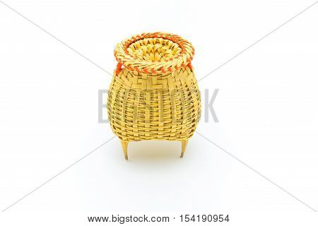 Fishing creel basketwork made from bamboo isolated on white backgound in Thailand.