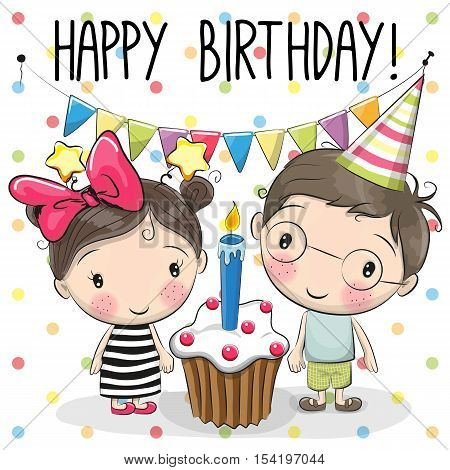 Greeting birthday card with cute boy and girl