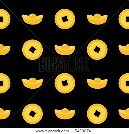 Seamless Pattern Chinese coin gold ingot set. China money square centre. Golden with hole. Happy New Year symbol atribute. Black background. Flat design. Vector illustration.