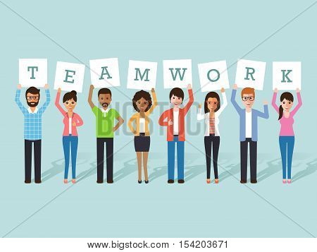 Group of businessman and businesswoman holding teamwork signs. Flat design people characters.