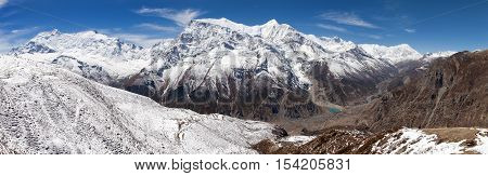 Panoramic view of Annapurna 2 II Annapurna 3 III Annapurna 4 IV Ganggapurna and Khangsar Kang Annapurna range from Ice Lake way to Thorung La pass Annapurna circuit trek Nepal
