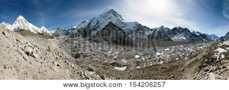 Panoramic view of khumbu glacier Nuptse and Pumo Ri near Gorak Shep village way to everest base camp Khumbuvalley sagarmatha national park - Nepal