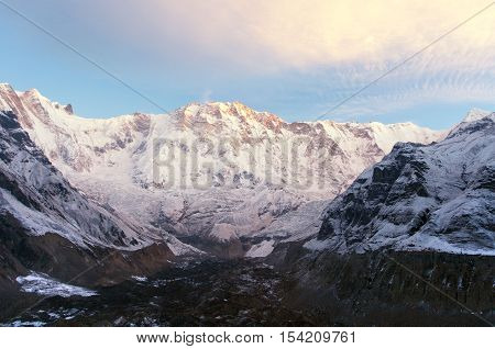Morning view of Mount Annapurna from Annapurna base camp round Annapurna circuit trekking trail Nepal