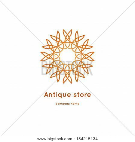 Luxury logotype for antique store. Ornamental vector symbols. Volumetric golden big bud. Isolated abstract colorful vector logo. Vector vintage mandala logo. Kaleidoscope flower.