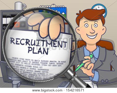 Recruitment Plan. Businessman in Office Showing through Magnifier Text on Paper. Multicolor Doodle Style Illustration.