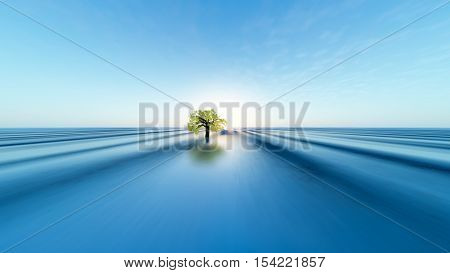A background with a distant gnarly tree on a wet horizon sunrise 3d illustration.