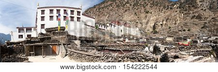 Panoramic view of Marpha village and monastery one of the best villages in round Annapurna circuit trekking trail route Nepal