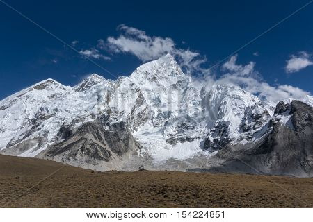 Beautiful Landscape of Everest and Lhotse peak from Gorak Shep. During the way to Everest base camp. Sagarmatha national park. Nepal.