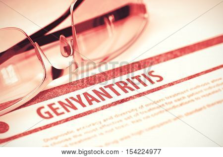 Diagnosis - Genyantritis. Medicine Concept with Blurred Text and Specs on Red Background. Selective Focus. 3D Rendering.