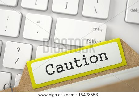 Yellow Index Card with Caution on Background of Modern Laptop Keyboard. Closeup View. Selective Focus. 3D Rendering.