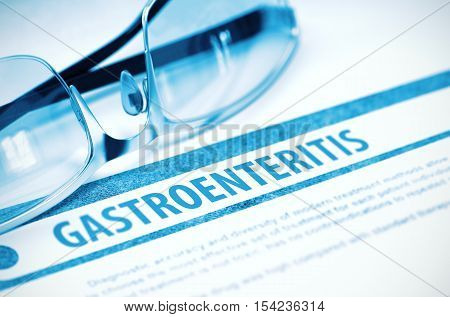 Gastroenteritis - Printed Diagnosis with Blurred Text on Blue Background with Eyeglasses. Medicine Concept. 3D Rendering.