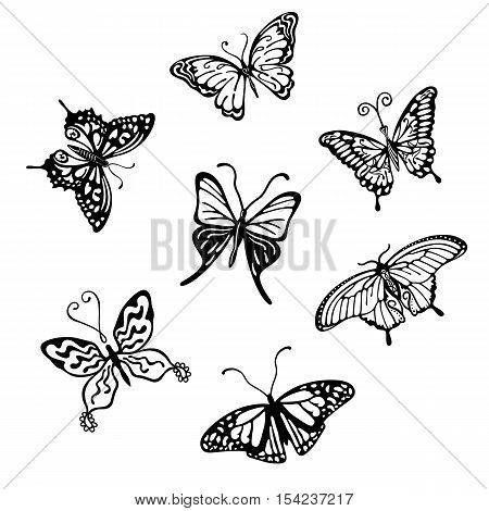 Black-white butterfly logo set vector illustration isolated on background
