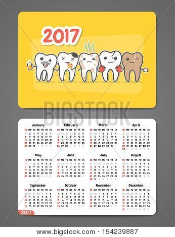 Dental pocket calendar 2017. Funny cartoon teeth and oral hygiene concept. Toothcare. Week starts Sunday. Horizontal orientation. Vector Illustration