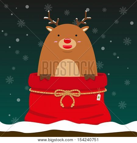 cute fat big reindeer come out of christmas bag on falling snow flake green background