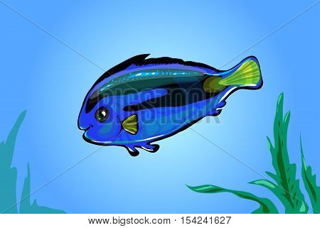 Vector neon blue fish in the sea. Glowing cartoon funny fish