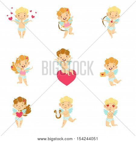 Baby Angels With Bows, Arrows And Hearts Set. Cute Cartoon Infants In Diapers With Wings And Love Symbols Illustrations On White Background.