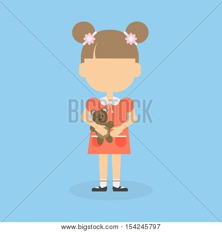 Isolated young girl on blue background. Pretty girl in dress without face with teddy bear.