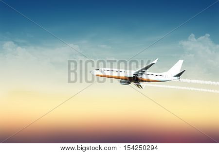 Airplane in the sky at mild sunset (with overlay) 3D illustration