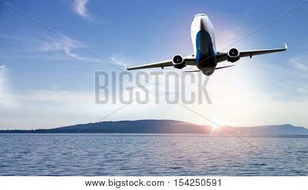Airplane take off from island - 3D illustration